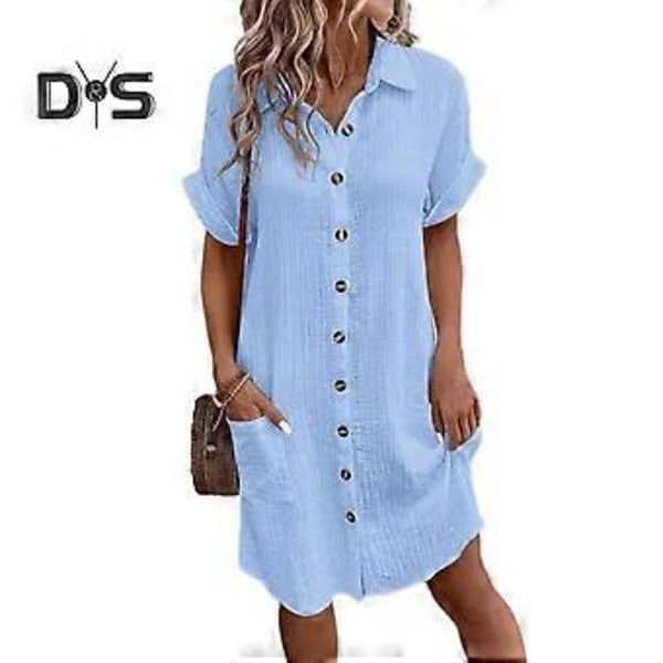 Sommer Dame Kjole Nedfældningskrave Enkeltknappet Løs Korte Ærmer Løs Ensfarvet Patch Lomme Knælang Pendler Fritid Midi Kjole (XL blå)