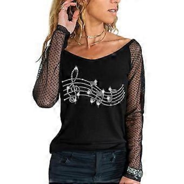 Dame Mesh Langærmet Skjorte Casual Rundhals Sheer Mesh Polka Dot Bluser Toppe (S farve 07)