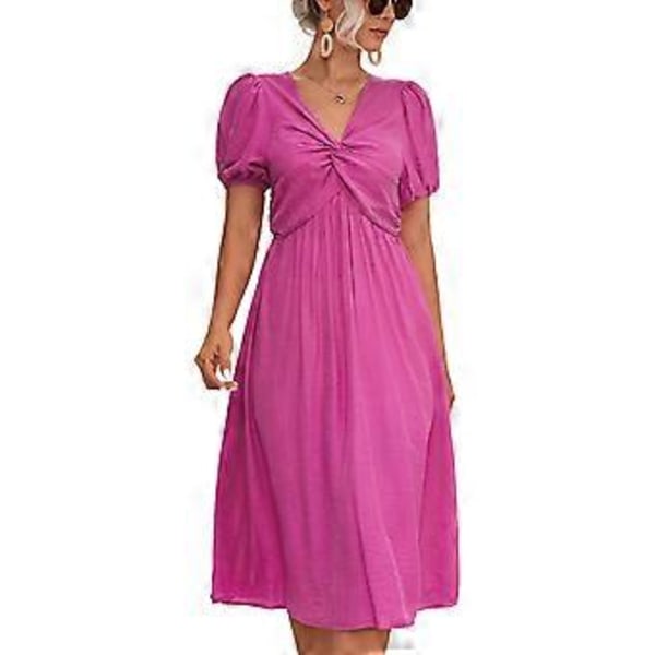 Naisten mekko Twist Knot V-kaula lyhyillä pörröhihailla löysällä helmalla arkikäyttöön (L Rose Red)