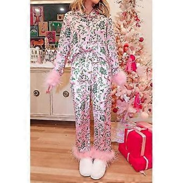 Dam Pyjamas Set med Fjäderkant Långärmad Knappuppslagen Topp Byxor 2-delad Loungeset Satin Pjs Pyjamas Nattkläder (XL Rosa Blad)
