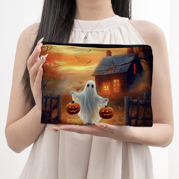 Halloween Spøgelse Græskar Print Opbevaringstaske, Bærbar Lynlås Makeuptaske og Diverse Opbevaringspose