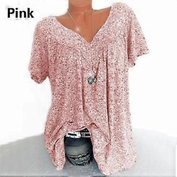 Dam Plus Size Tryckt Kortärmad T-shirt V-ringad Topp Sommar Ledig Lös(M rosa)