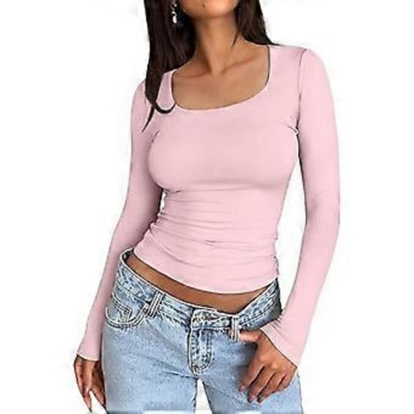 Dame Bottoming Toppe Scoop Hals Langærmet Slim Fit Pullover Toppe Ensfarvet Høj (M pink)