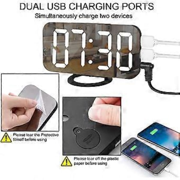 Digital väckarklocka, spegel yta LED elektroniska klockor, med USB-laddare, snooze-modell, automatisk/anpassad ljusstyrka - svart-vit