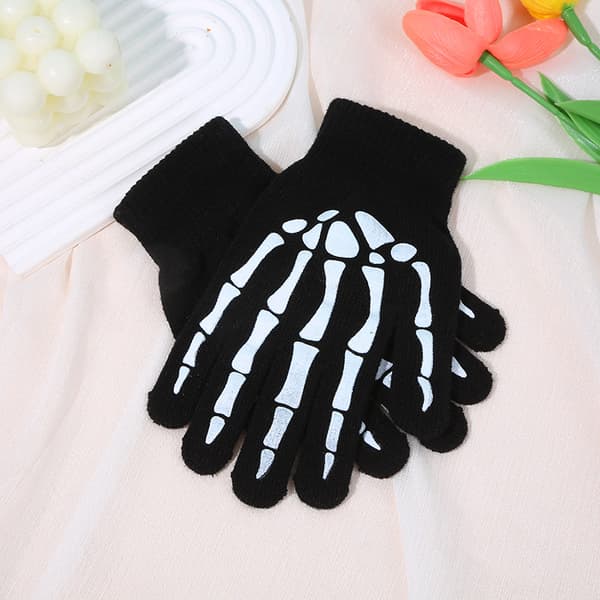 Selvlysende strikhandsker med kranie- og knoglemotiv til touchskærm – Halloween-kostume & efterårs-/vintervarme