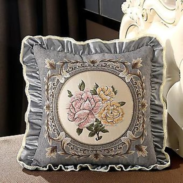 Elegantti Jacquard-tyynynpäällinen, 2 kpl setti, Luksusmainen koristeellinen eurooppalainen tyynynpäällinen röyhelöillä, neliön muotoinen sohvaan, makuuhuoneeseen (harmaa, 18\"