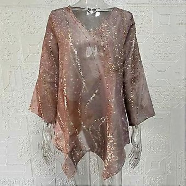 Dame Vår Høst Topp V-hals Ujevn Kant Midt-Lengde Langermet Løs Casual Pullover Blomsterprint Fargematching Pluss Størrelse Dame T-skjorte (3XL gylden)