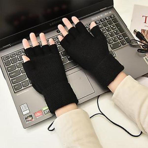 Elektrisk Opvarmede Strikket Handsker til Kvinder Halvfinger Varmer Vinter Opvarmning Handsker Usb Opladning (Sort)