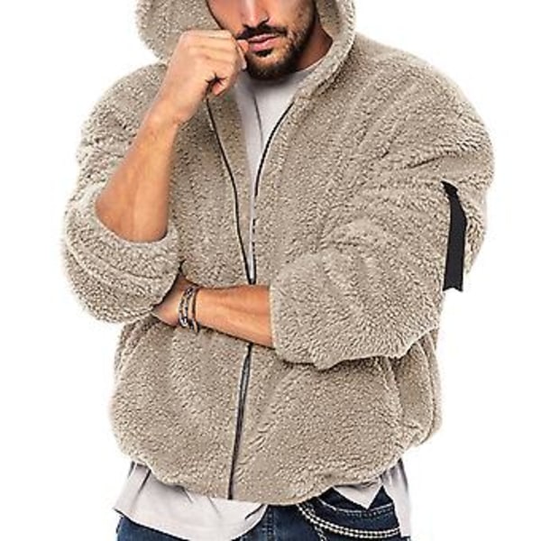 Høst- og vinterjakke for menn, tykk dobbeltsidig fleece, ensfarget, hette, løs, glidelås, myk, lang erme, lommer, kuldebestandig (L Khaki)