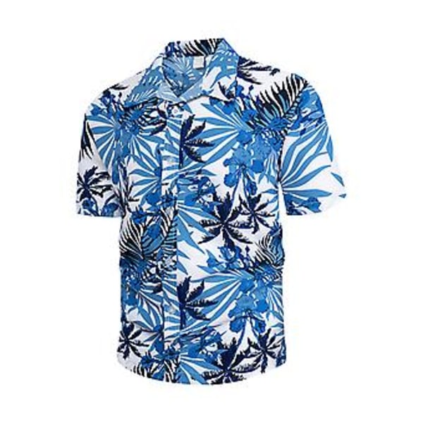 Kortærmet Print Skjorte Mænd Stilfuld Casual Vendt Ned Krage Knapliste Strandskjorte Til Ferie Fest (S Blå Og Hvid)