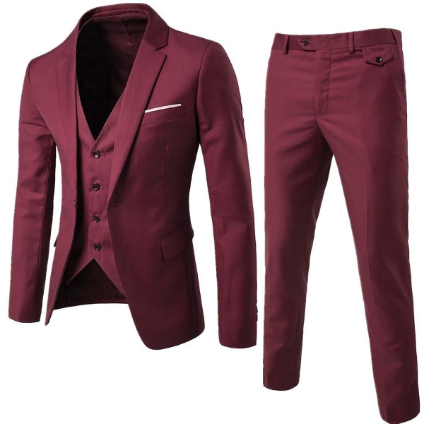 Men's 3 Piece Slim Fit Suit Set One Button Solid Jacket Vest Pants Business Set Red XXL