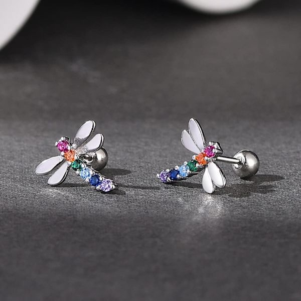 20g Libelle Regnbue Farverig Minimalistisk Ægte 925 Sterling Sølv Tiny Mini Søde Små Brusk Ørestikker til Kvinder