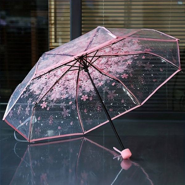 Vikbart solparaply Transparent romantiskt körsbärsblommande paraply Rosa+Lila