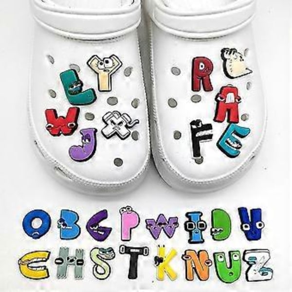 26 stk. Alphabet Lore Croc Charms Skodekorasjon for Tresko Sandaler, Skotilbehør for Barn Gutter Jenter Festgaver