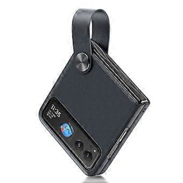 GKK Motorola Razr 40 5G -puhelin kotelo hihnalla ja jalustalla, PU-nahkapäällysteinen kova PC-suojakuori (musta)