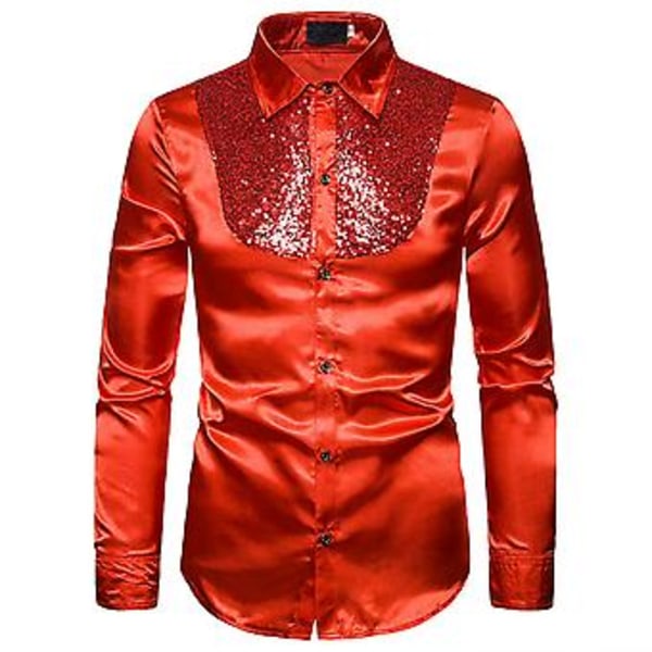 Herrar Sekvens Slim Fit Knapp-Down Skjortor Fest Långärmad Klänningsskjorta Casual Toppar (L Röd)