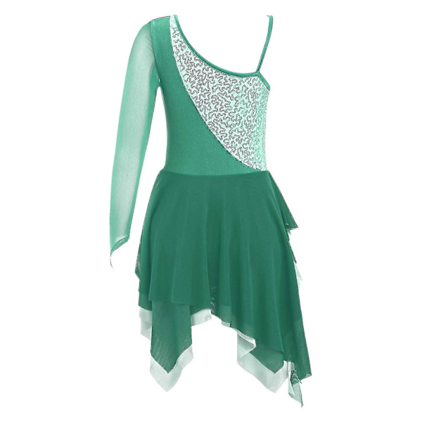 Skinnende pailletter ballet gymnastik leotard kjole børn piger enkelt langærmet mesh splice figur kunstskøjteløb dans kostume.14.C  Blå