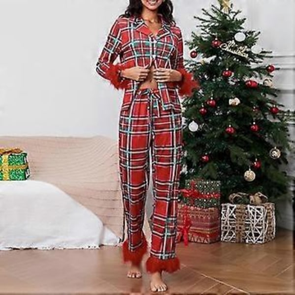 Dam Pyjamas Set med Fjäderkant Långärmad Knappuppslagen Topp Byxor 2-delad Loungeset Satin PJs Pyjamas Nattkläder (2XL Röd Rutiga)