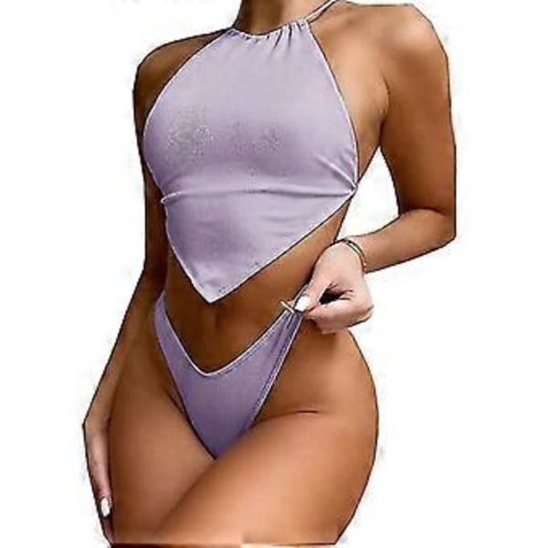 Dam Badkläder Baddräkt Högmidjad Baddräkt Tvådelad Baddräkt Bikini Set Bikini Fiis Flerfärgad Valfri (M LILA)