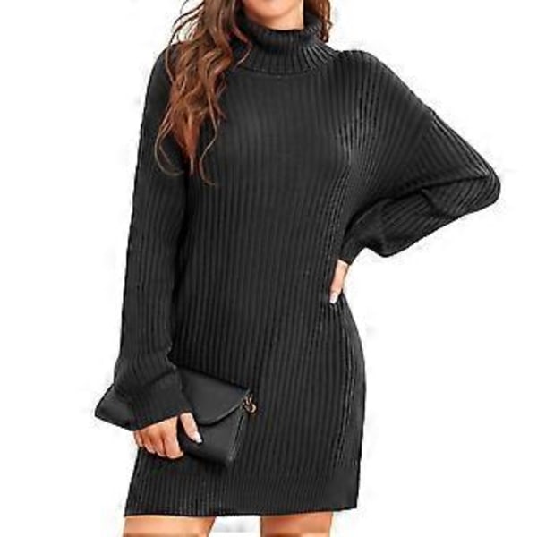 Kvinnors Turtleneck Stickad Klänning Höst Vinter Casual Lös Lång Puffärm Ribbstickad Pullover Klänning (S Svart)