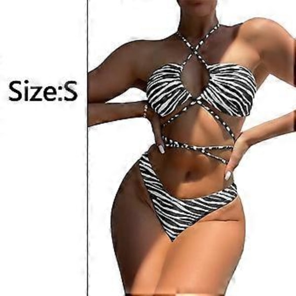 Dame Sexy Stropper Halter Kryss Foran Høy Skåret String 2-delt Bikini Sett Badedrakt (S Svart)