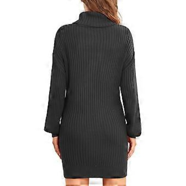 Kvinnors Turtleneck Stickad Klänning Höst Vinter Casual Lös Lång Puffärm Ribbstickad Pullover Klänning (S Svart)