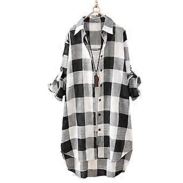 Dame Skjorte Plaid Print Kontrastfarve Uregelmæssig Kant Enkeltknappet Langærmet Revers Oversized Blød Åndbar Top (XL sort hvid)