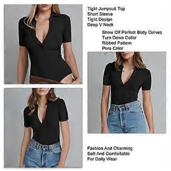 Åtsittande Jumpsuit Topp Slank Djup V-ringad Kortärmad Enfärgad Nedåtvänd Krage Ribbad En-delad Topp (M Svart)