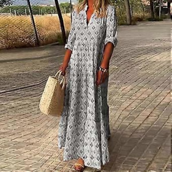 Maxikjole Charmerende Standkrave Blød Lang Kjole Casual Løs Boho Print Maxikjole Maxikjole Streetwear (S grå)