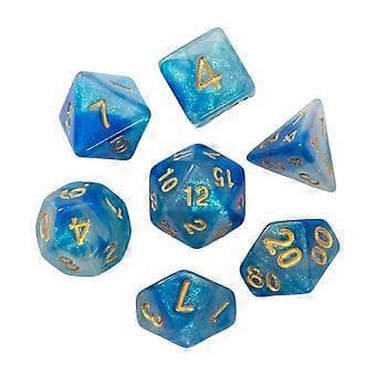 7x Polyhedriske terningesæt, akryl D4 D8 D10 D12 D20 terninger, multi-sidede terninger, (blå hvid)