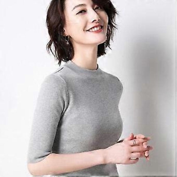 Dame Cashmere Rullekrave Kortærmet Strikket Pullover Tee Base T Uld Cashmere Sweater (S grå)
