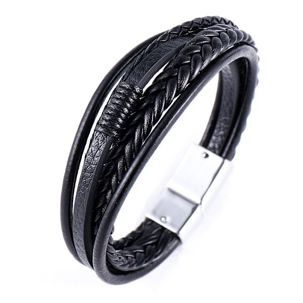 Blanc + noir, armband i läder för män med magnetiskt spänne i rostfritt stål