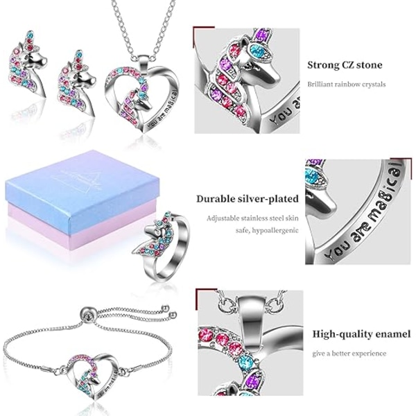 Enhörning Ponny Ring Armband Halsband Örhängen Färgglad Ponny Set