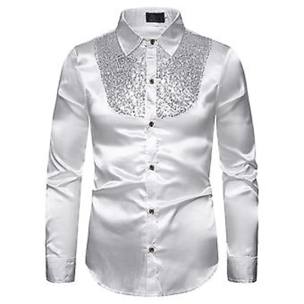 Mænd Sequin Slim Fit Knapløs Skjorte Fest Langærmet Kjole Skjorte Casual Tops (XL Hvid)