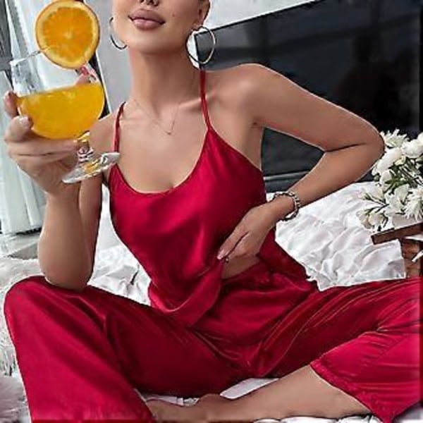 Dame 2-delt Pyjamassæt Superblød Rygløs Sling Top Lange Bukser Nattøj Loungewear Sæt (S rød)