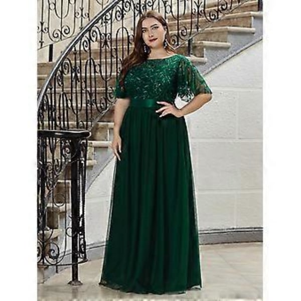 Ever-Pretty Dame Plus Størrelse Paljettbroderi A-Linje Kort Erme Bryllupsgjest Kjole (8XL mørkegrønn)