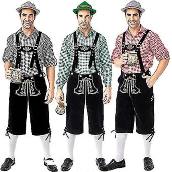 Tysk Traditionell Herr Oktoberfest Kostym Rutiga Skjorta Broderade Upphängare Med Hatt Set (XL röd)