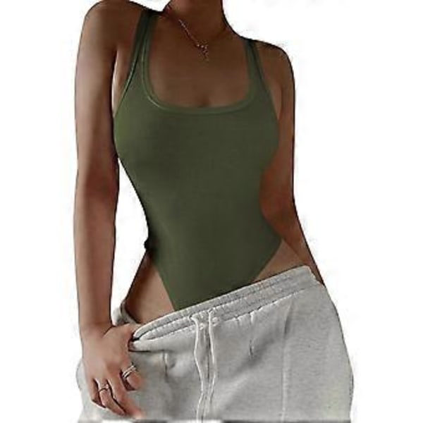 Sømløs U-hals Body med Hult Rygg for Kvinner Elegant Ren Farge Slank Passform Ribbestrikket Body for Fest (S OD Grønn)