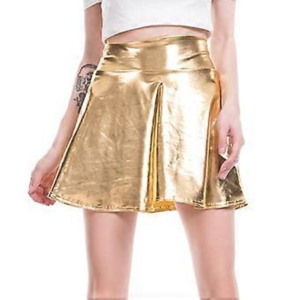 Dam Plisserad Minikjol Plisserad Kjol Våt Look Hög Midja Clubwear Bar Party Pu Läder Glänsande Scenkjol (M Guld)