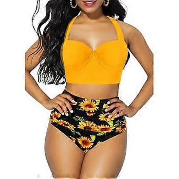 Kvinnors Tryckt Vadderad Bikiniuppsättning Sexig BH Topp Hög Midja Kalsonger Baddräkt Sommar Strand Semester Baddräkt (2XL Gul)