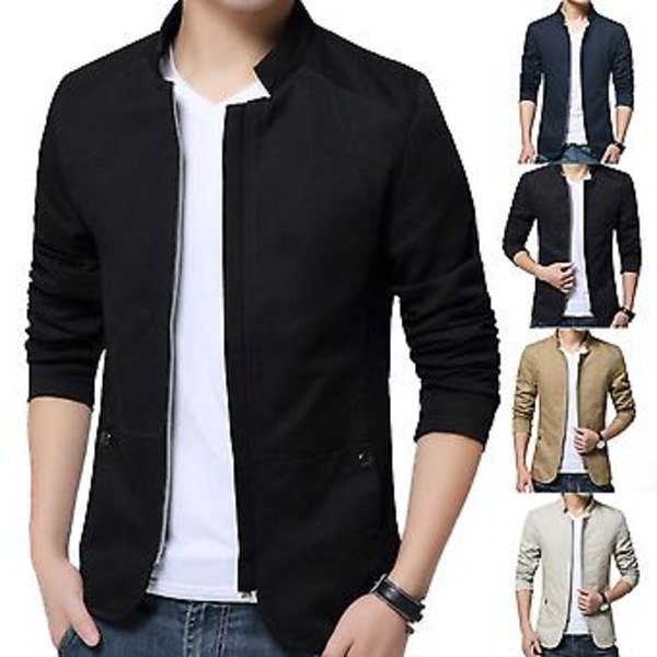 Fianao Casual Mænds Efterår Ensfarvet Stående Krave Lynlås Lommer Tynd Slank Blazer Frakke (XXXXL Sort)