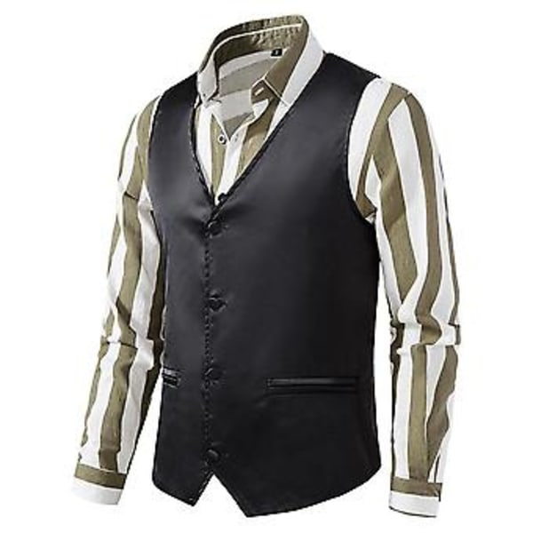 Herre Solid V-hals Casual Enkelt Bryst Dressvest Forretnings Formelle Kontor Vest Med Lommer (XL Svart)