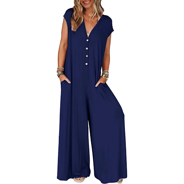 Kvinnors 2024 Sommar Ärmlös Jumpsuits Djup V-hals Knapp Onesie Bred Ben Byxor Rompers M Blå
