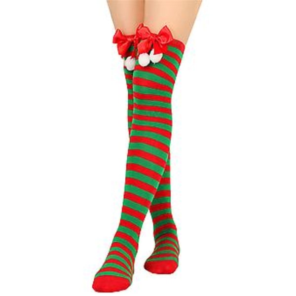 Solid/striped Long Stockings Christmas Bow-knot Thigh High Socks Over The Knee Socks Xmas Gift( Green And Red)