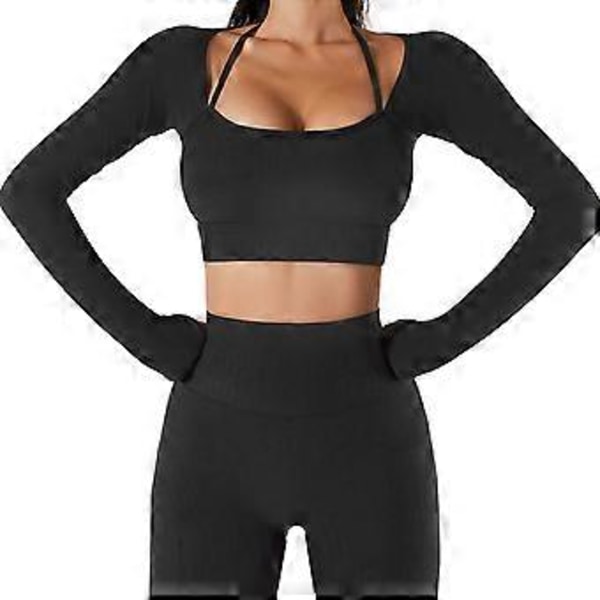 Yogatopp för kvinnor, Fitness, Rundhalsad, Halter, Långärmad, Tumhål, Träningskläder, Sportkläder med bröstkudde (L Svart)