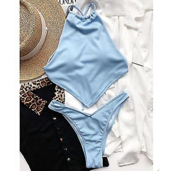 Dam Högmidjad Baddräkt Tvådelad Baddräkt Bikini Set Bikini (L BLÅ)