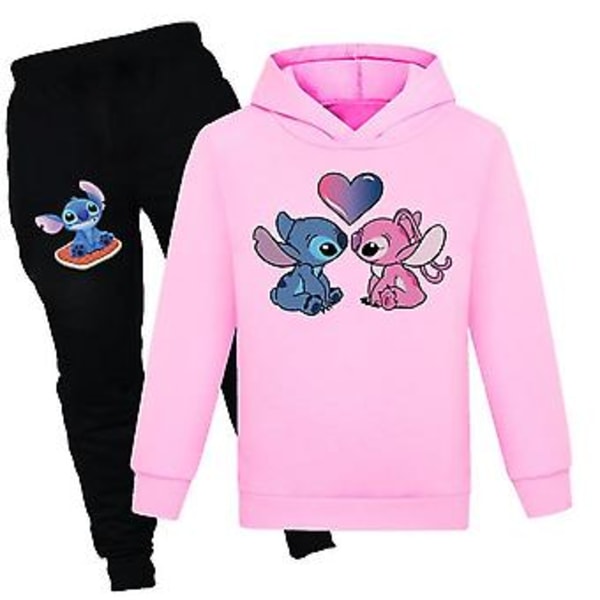 7-14years Kids Boys Girls Lilo & Stitch Cartoon Print Outfits Casual Hoodie Sweatshirt Tops Jogger Pants Tracksuit Set Clothes(7-8 Years Pink)