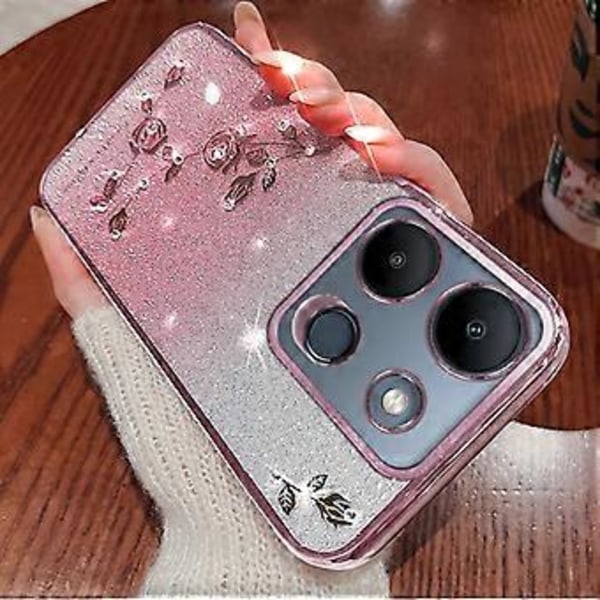 KADEM Fodral för Infinix Smart 7 4G Gradient Glitter TPU Skal Strass Blomma Anti-Fall Telefonskydd (Roséguld)
