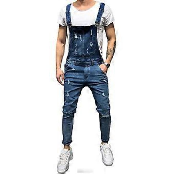 Mænds slidte, revnede jeansbukser, denim dungarees, overalls, bib og seler, arbejdsbukser (L mørkeblå)