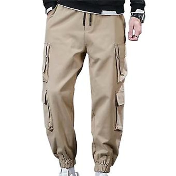 Fianao Mænds Bukser Fleece Elastisk Talje Tyk Multi Lommer Cargo Bukser til Skole (4XL Khaki)